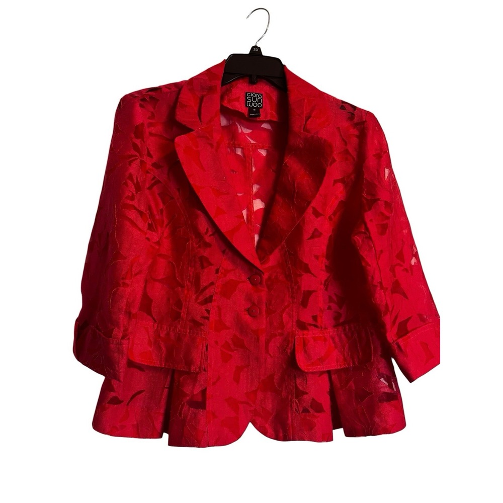 Clara Sun Woo Linen Sheer Floral Blazer M Coral Spring